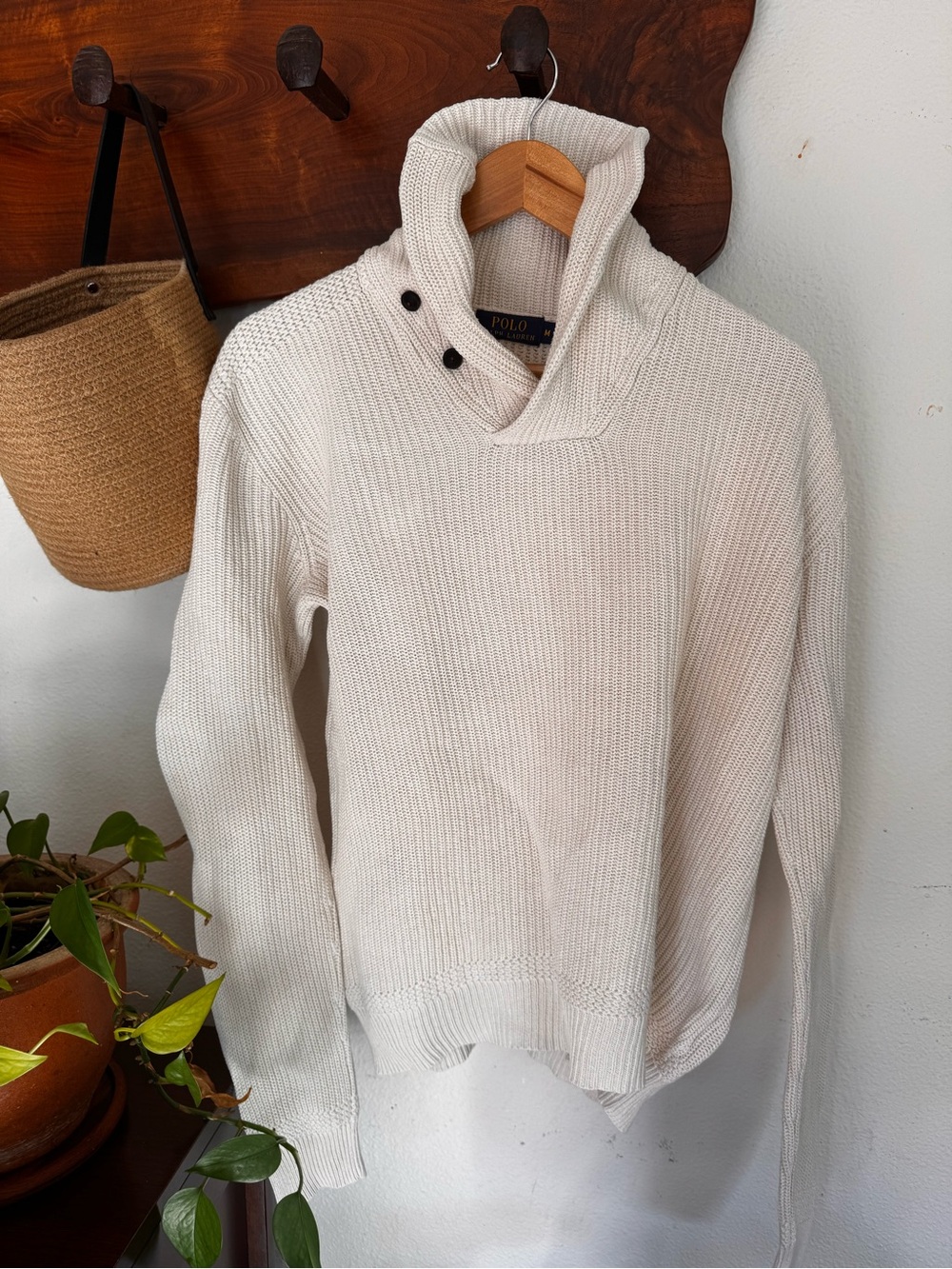 Polo Ralph Lauren Men's Cream Shawl-Collar 100% Cotton Sweater M Quiet Luxury